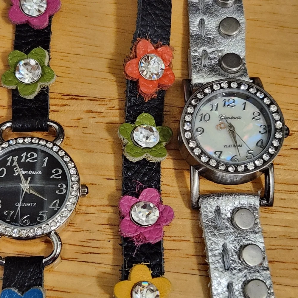 Women's Black Floral Wrap Watch with Rhinestone Accents UNTESTED USED
